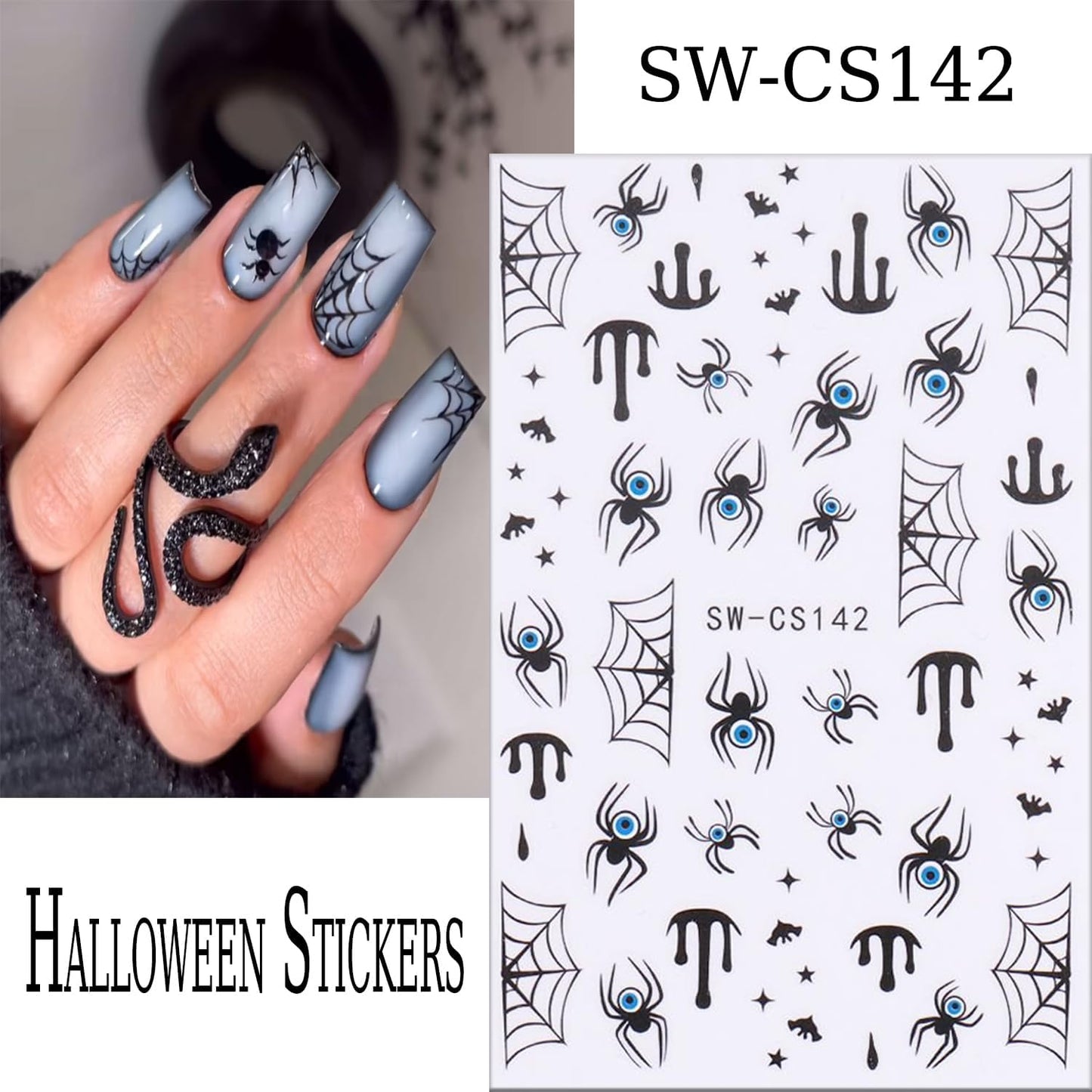 6 Sheets Halloween Nail Art Stickers 3D Self -Adhesive Blood Spider Web Nail Decals Holographic Black Blue Spider Blood Drops Nail Stickers Halloween Nail Decoration for Women Manicure Supplies