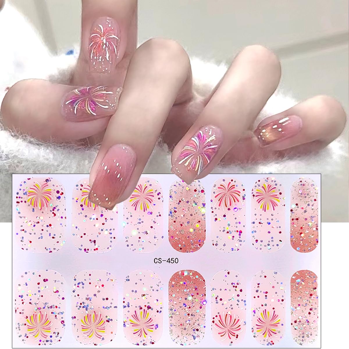 Christmas Nail Stickers - Glitter Firework Nail Wraps, 3D Winter Gel Polish Strips, New Year Full Wrap Designs, Self-Adhesive Shiny Gradient Decals for Women, 6Pcs