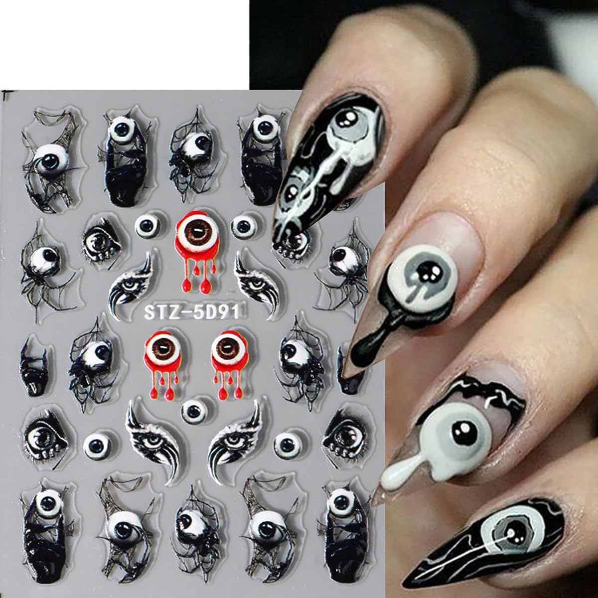 8 Sheets Halloween Nail Stickers for Nail Art 5D Self-Adhesive Gothic Bat Skeleton Spider Nail Decals Black White Claw Nail Design Stickers Halloween Nail Art Supplies for Women DIY Manicure Tip