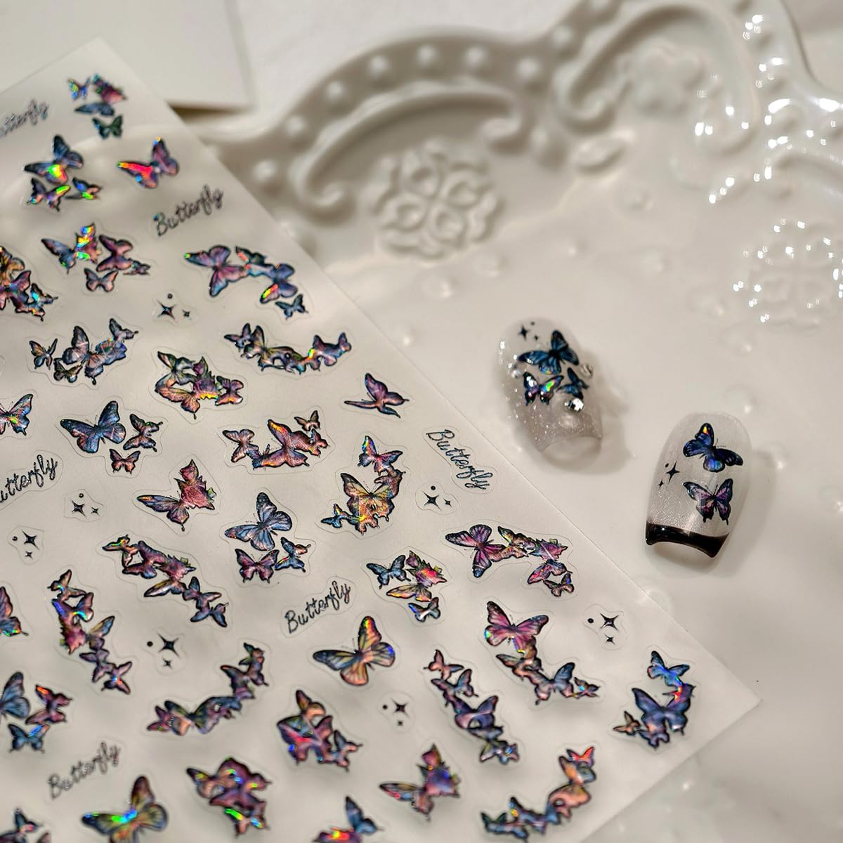 Butterfly Nail Art Stickers Holographic Nails Decals 5D Embossed Nail Sticker for Nails Art Dark Nail Stickers with Design for Women Girls Kid Manicure Supply Decoration Accessories