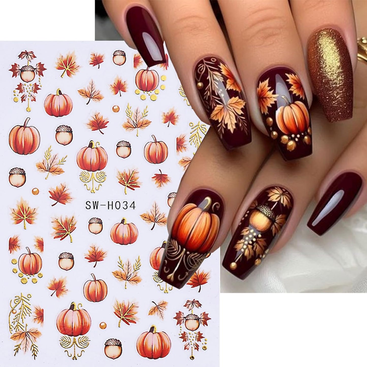 Maple Leave Nail Art Sticker Decals, Fall Pumpkin Maple Leaves Nail Stickers 6PCS Autumn Nail Decals for Nail Art Colorful Leaves Design Nail Supplies Elegant Self Adhesive Decals for Women Nail Decor