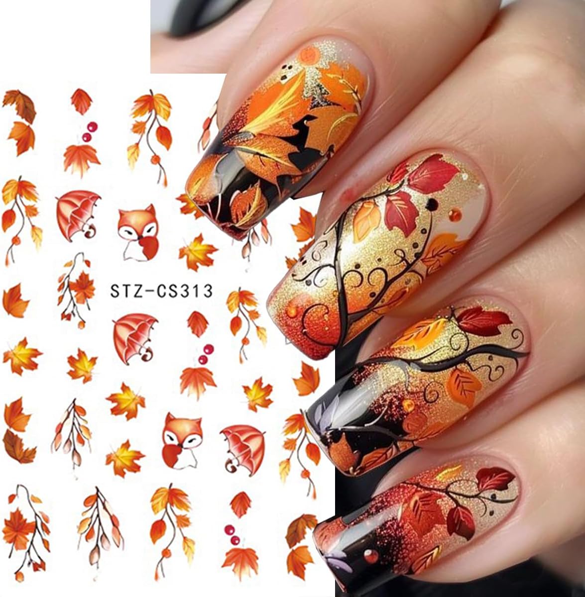 8Sheets Thanksgiving Nail Stickers Autumn Nail Art Stickers Maple Leaves Nail Decals Red Orange Leaf Fox Pumpkin Nut Flower Design 3D Self Adhesive Stickers for Nail Women Decor Manicure Supplies