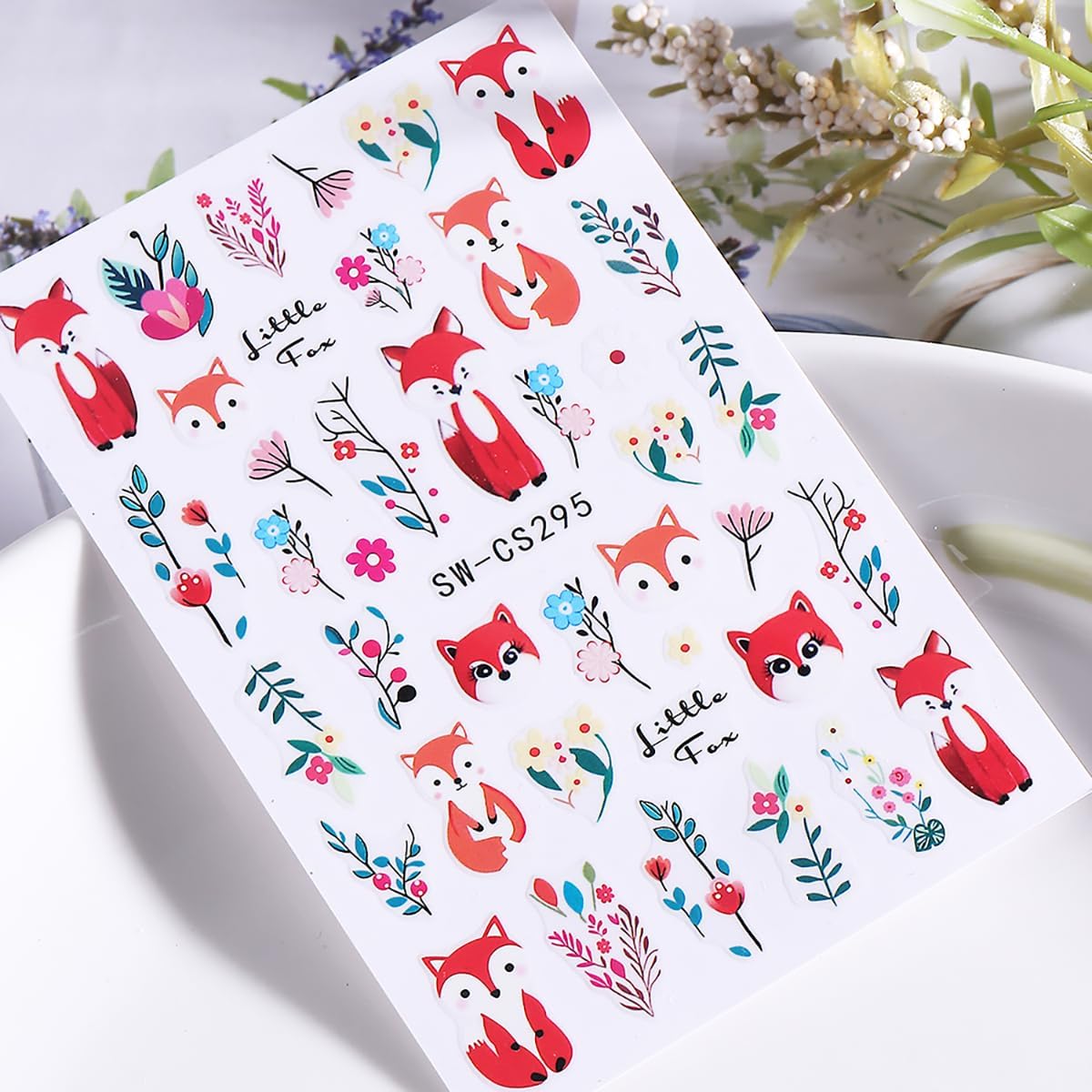 Fall Nail Art Stickers, Cute Fox Nail Art Decals 3D Self-Adhesive Cotton Fox Nails Stickers Autumn Blossom Flowers Nail Design 6Pcs Nail Art Supplies for Women Nail Decoration