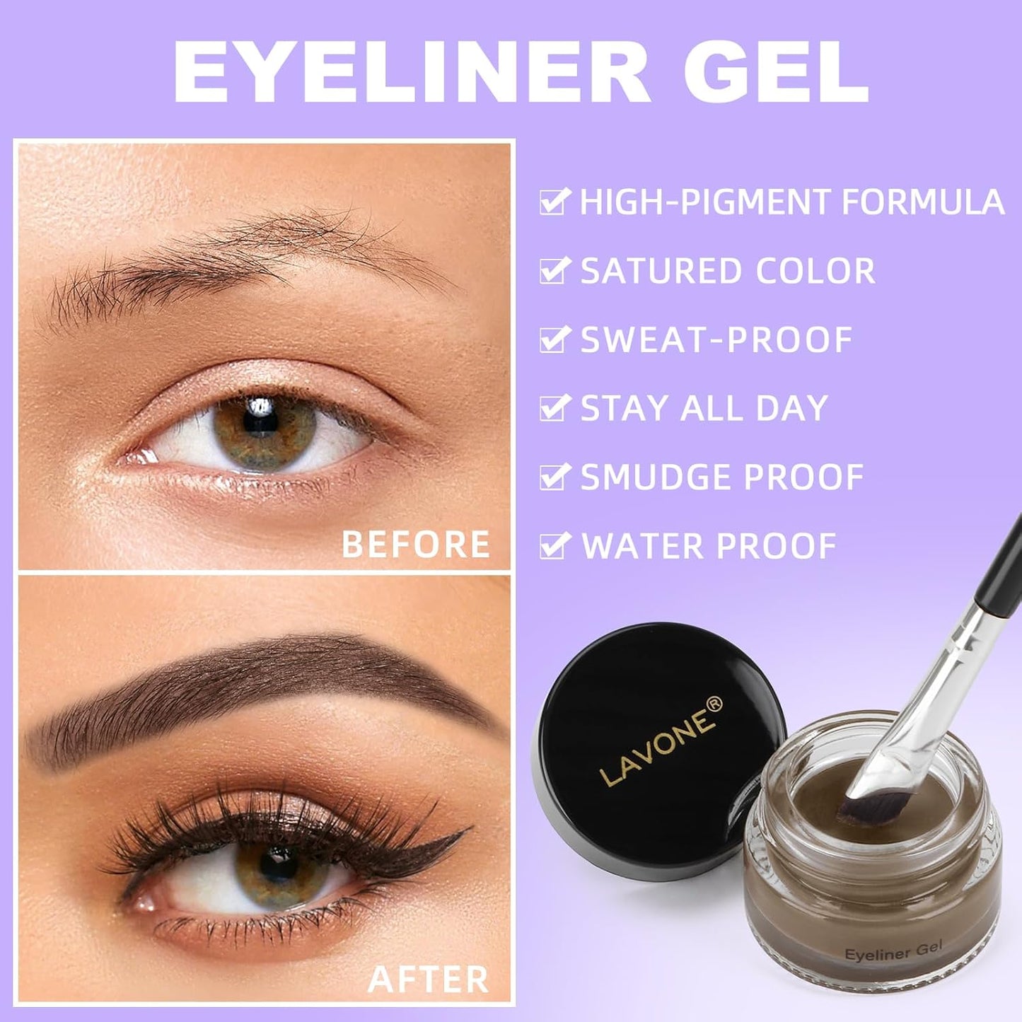 LAVONE Eyeliner Set - Waterproof Makeup Kit with Liquid eyeliner Pencil, Gel Eyeliner & Angled Eye liner Brush, Waterproof, Smudge Resistant, Long Lasting Formula - Ash Brown