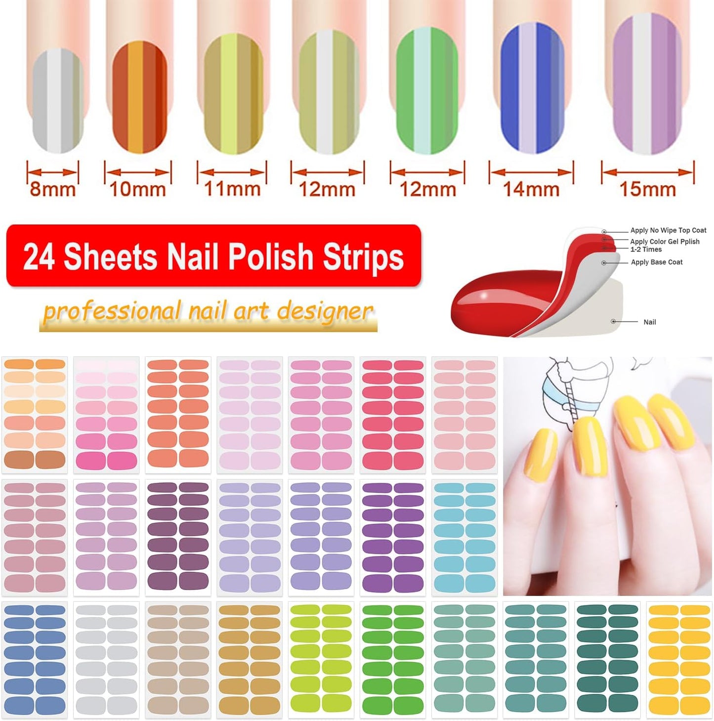 DANNEASY 24 Sheets Nail Polish Stickers - Light Color Full Nail Wraps Stick on Nail Polish Strips Gel Nail Strips Self Adhesive Manicure Fingernail Sticker Nails for Women with File, Cuticle Stick