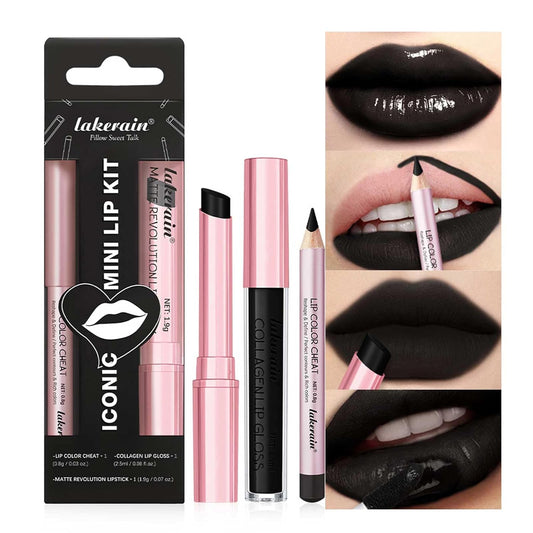 3PCS Black Lip Liner and Lipstick Set – Bold Matte Lipstick, Precision Liner & High-Shine Gloss for Gothic, Halloween, Cosplay & Editorial Looks – Long-Lasting, Smudge-Proof Lip Makeup Kit (Black)