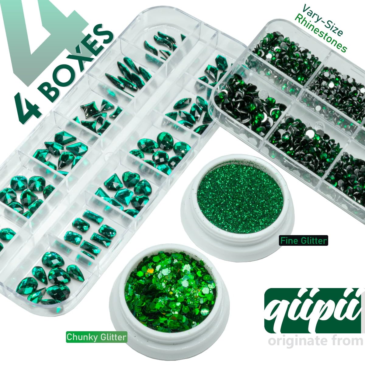 4 Boxes Emerald Green Rhinestones Glitters 24 Shapes K9 Glass Gems Stones Flatback Round Diamonds Crystals Nail Art Charms Supplies for Nails Faces Eyes Makeup Body DIY Crafts Tumblers Bottles