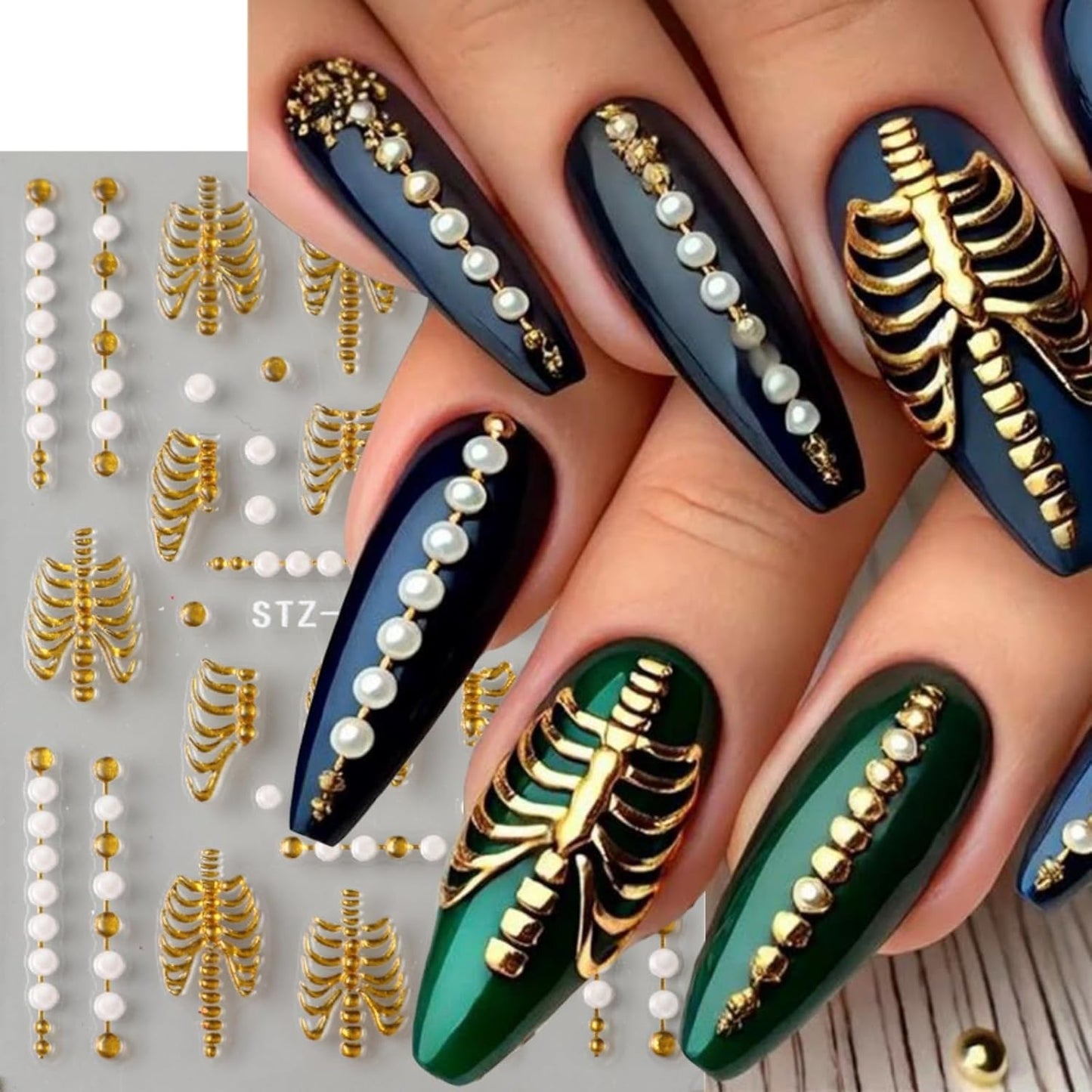 2Pcs Halloween Nail Art Stickers 5D Embossed Halloween Nail Decals Gold Pink Skeleton Bone Rose Blossom Pattern Nail Designs Stickers Skull Nail Supplies for Women Manicure Tip Decorations Accessories