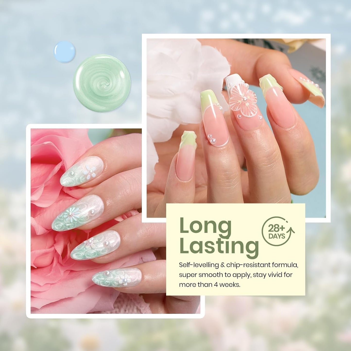 Beetles Pastel Gel Nail Polish - Spring Scenery By the Lake Gel Polish, 6 Colors Pink Green Yellow Drawing Swirl Shell Thread Effect Nails DIY Manicure Gifts for Women