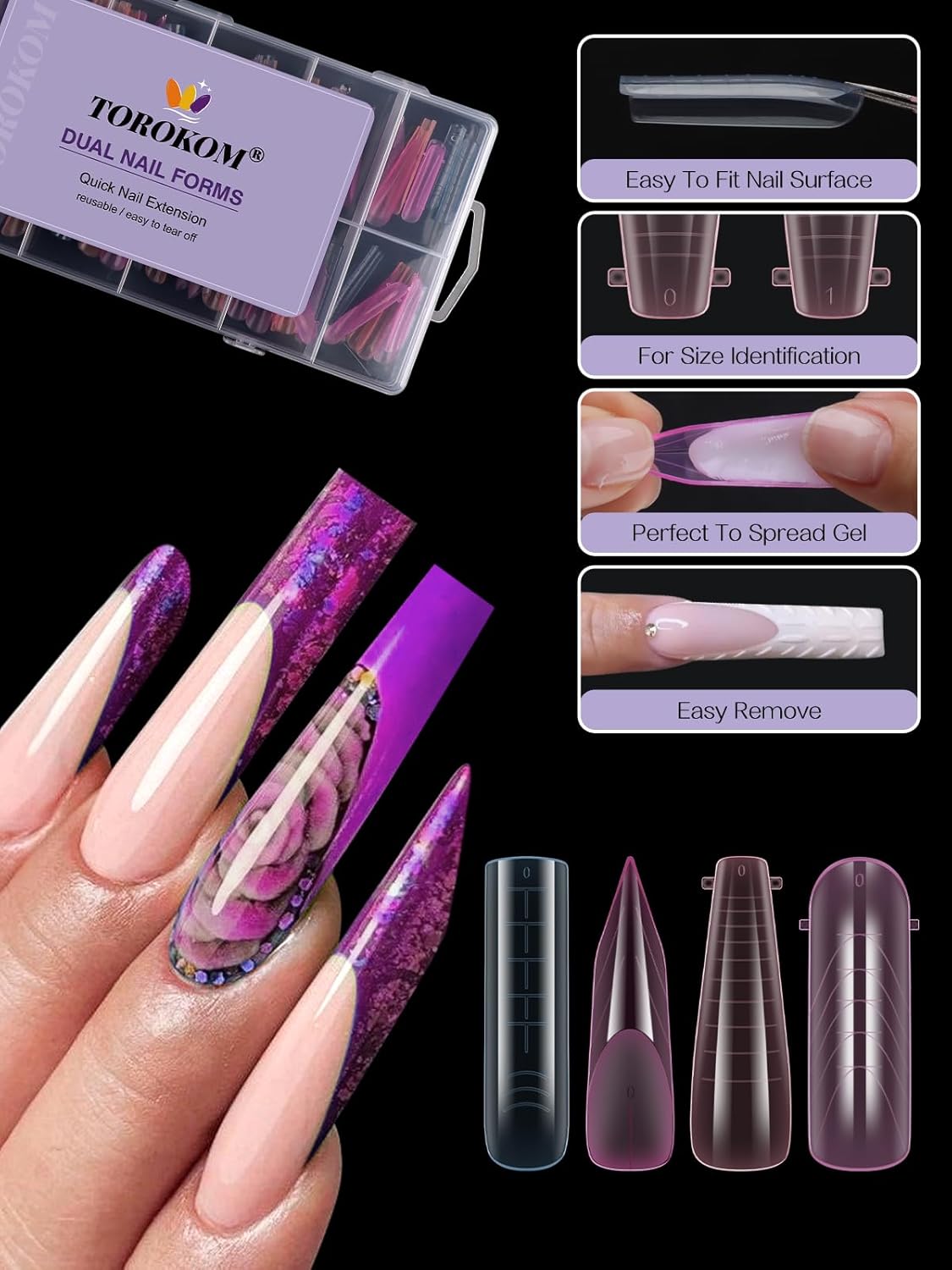 TOROKOM Dual Nail Forms for Poly Nail Gel, 4 Shapes Colorful Structure Poly Nail Gel Stiletto Square Nail Molds for Builder Gel Poly Extension Gel Nail Art Design Salon&DIY, 96 PCS