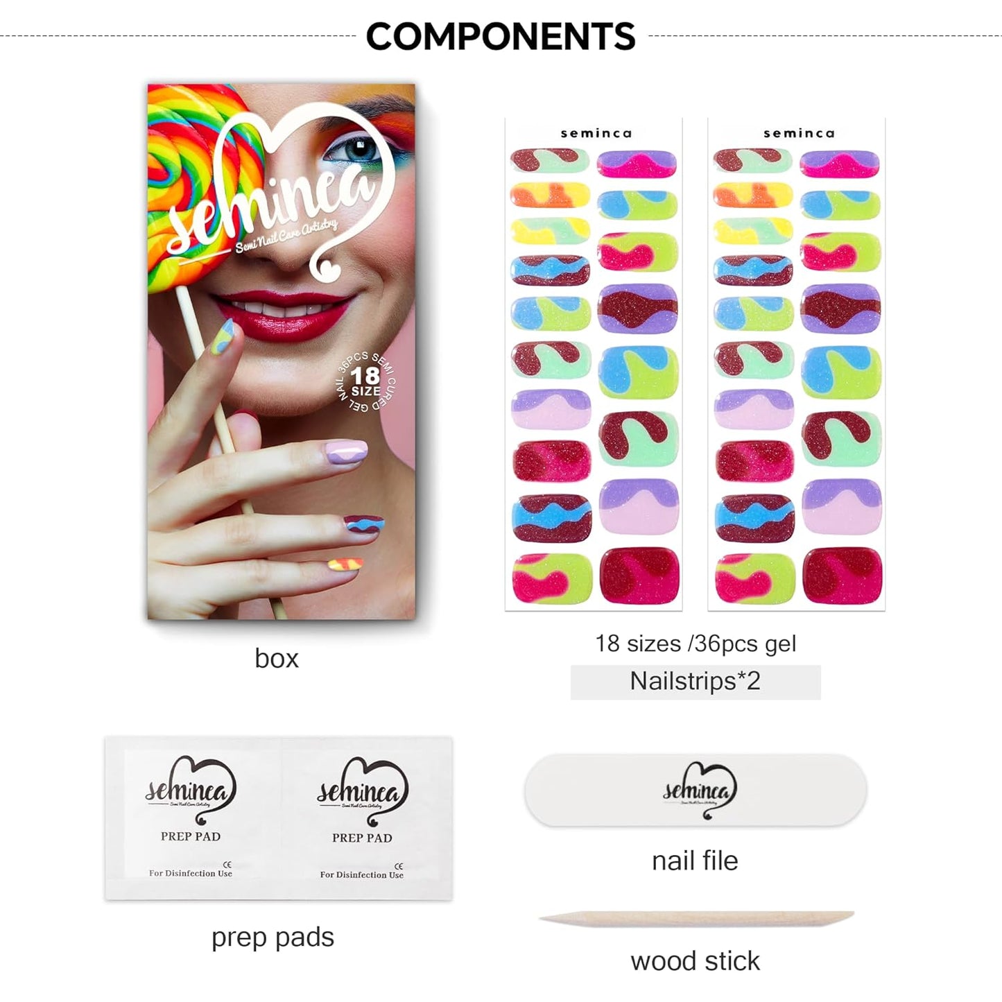 Semi Cured Gel Nail Strips-Candy Color Nail Strips Long Lasting Easy Apply At Home Manicure Kit Shiny Finish for Women and Girls Works with Any UV/LED Lamps(Kandinsky Swirl)