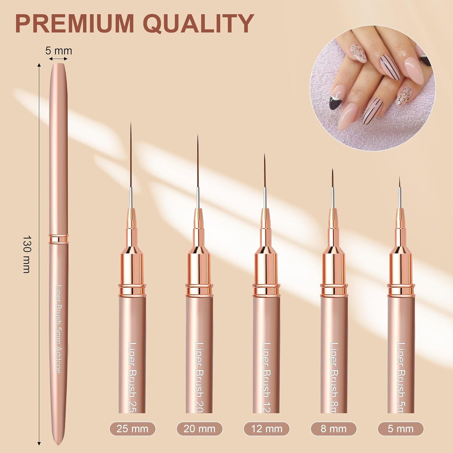 Artdone Metallic Nail Art Pens, Liner Brushes Set, 5PCS Copper Color Nail Tools For Long Lines, Thin Details, Fine Drawing, Liner Brush UV Gel Polish Painting Nail Design Sizes 5/8/12/20/25mm
