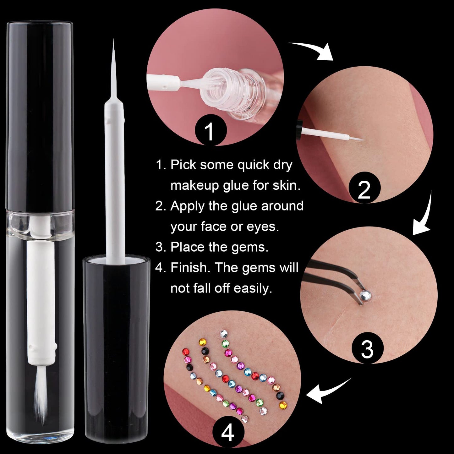 Flat Back Rhinestone+Half Round Pearl Kits Colorful Rhinestones+White&Beige Pearls with Quick Dry Makeup Glue+Picker Pencil+Tweezer for Nail Art and Face Make-up