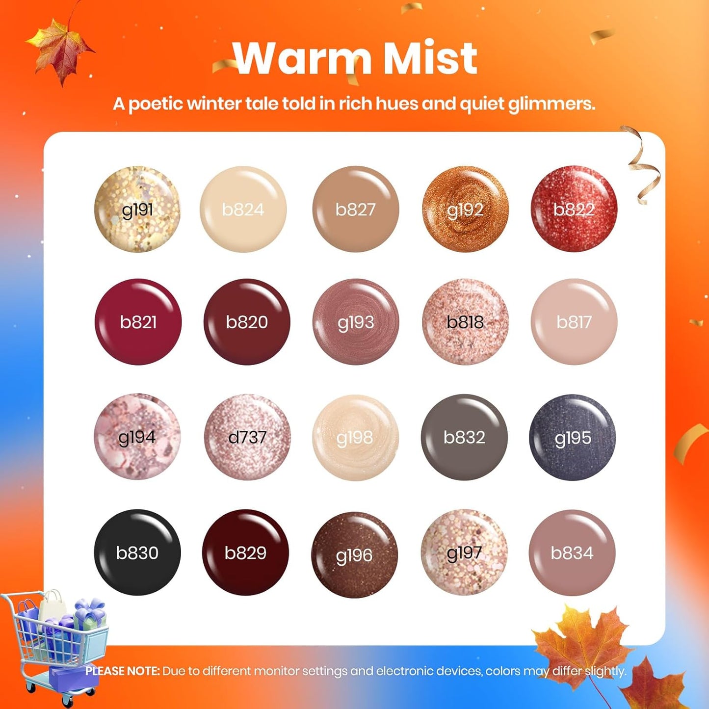 Beetles Gel Nail Polish Set - 20 Colors Warm Mist Fall Gel Nail Kit Burgundy Brown Nude Gold Glitter Gray Shimmer Soak Off Long Lasting with Base & Top Coat Home DIY Salon Nail Art Gift Set for Women