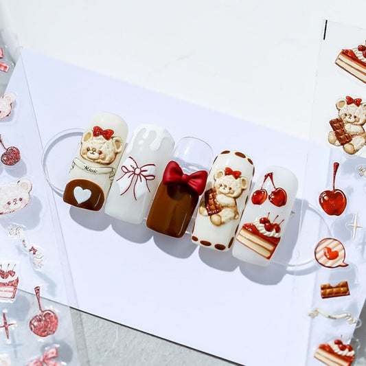 Dedyel Cute Nail Stickers 5D Embossed Cartoon Bear Kawaii Animal Self-Adhesive Nail Decals for Women Girls Kids Nail Art Decoration