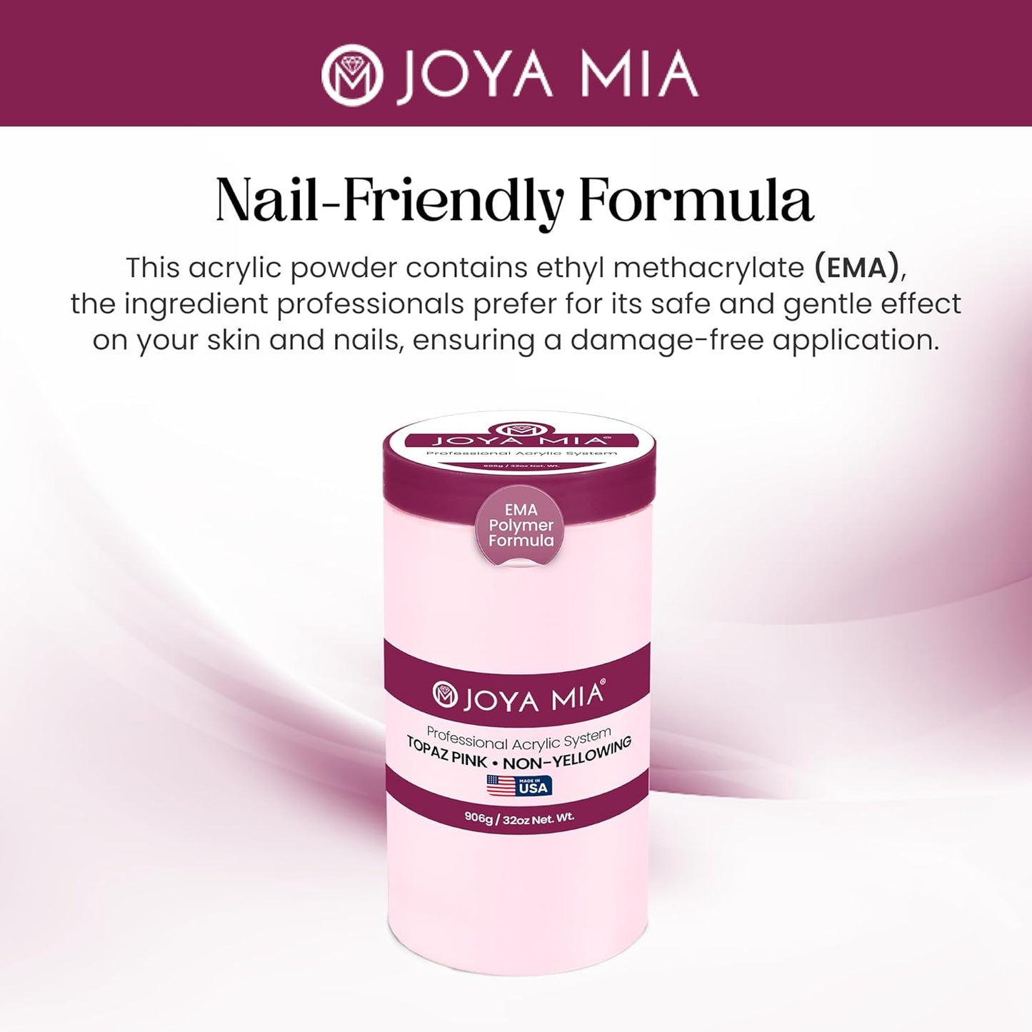 Joya Mia Acrylic Powder for Nails, MMA-Free, Super Adhesion Professional Powder for Flawless & Long-Lasting Nail Enhancements, Easy Application, Vibrant & Stunning Colors - Topaz Pink, 32 oz