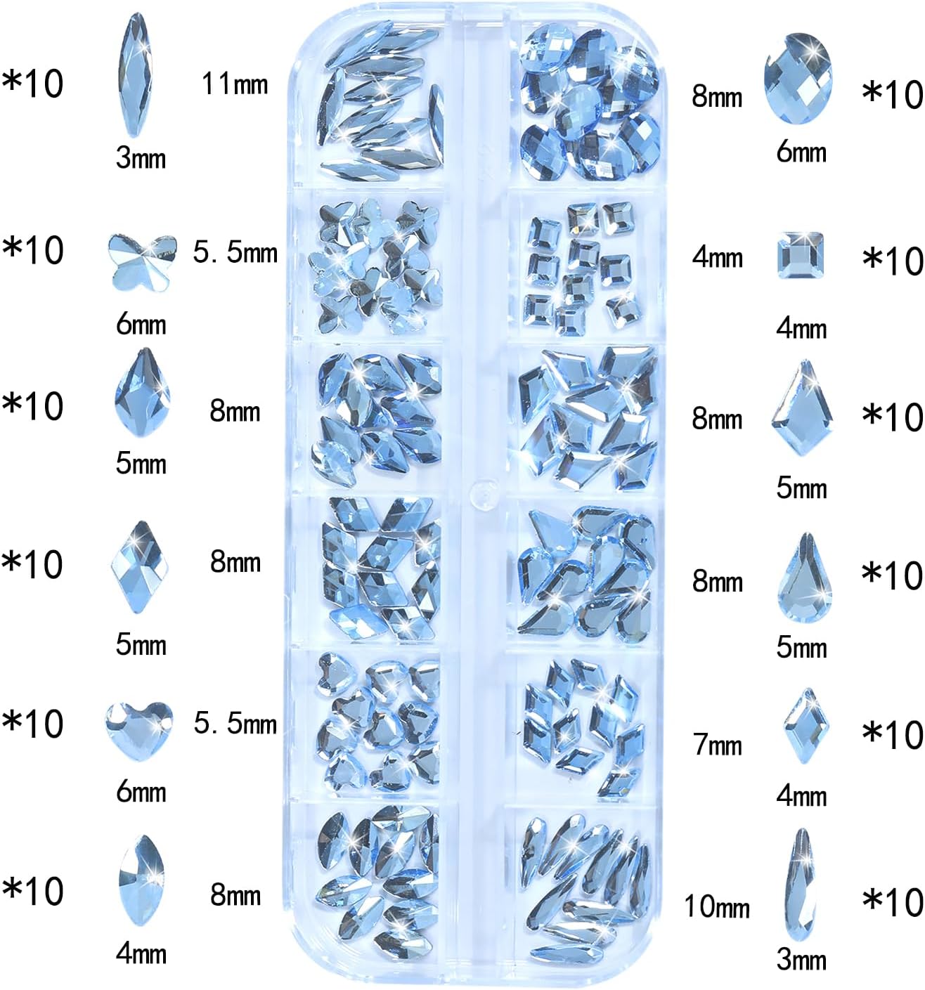 Nail Rhinestones - 3D Multi Shape Size, Flat Back, Crystals Manicure Rhinestones Charms, Light Blue Nail Gems, with Kit, for Nail Art, Bedazzling Acrylic Nails, DIY Decor