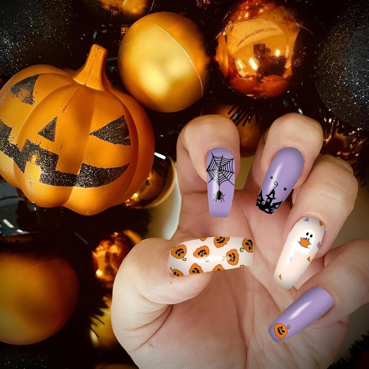 12 Sheets Halloween Nail Wraps Stickers, Nail Polish Strips DIY Self-Adhesive Full Glitter Nail Art Decals Pumpkin Bat Ghost Spider Skull Pattern with 2 Piece Nail Files for Party Decor (168 Pieces)