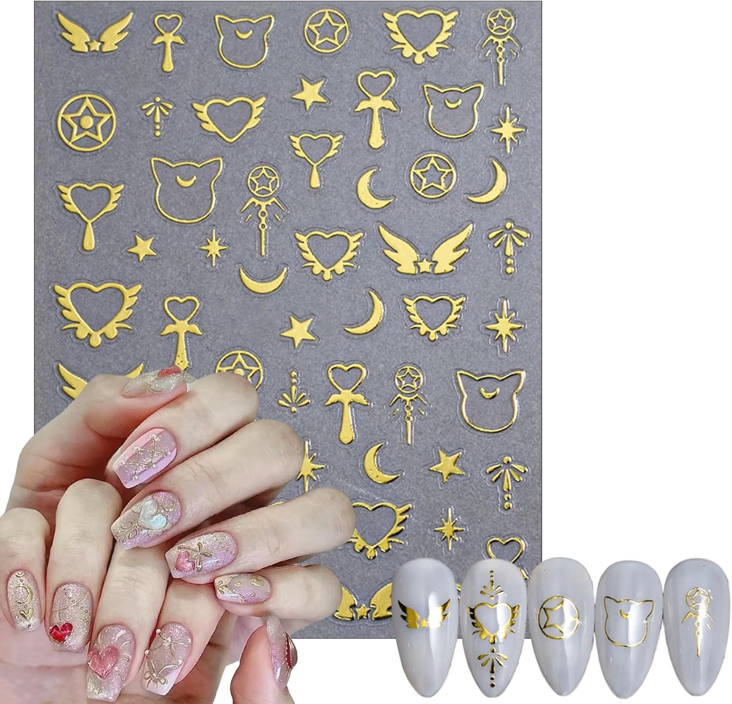 6 Sheets Love Bow Nail Art Stickers 3D Self-Adhesive Metallic Sweetheart Girl Armor Nail Sticker Retro Gold Sliver Starlight Glitter Nail Design Sticker for Women Girls Acrylic Manicure Decorations