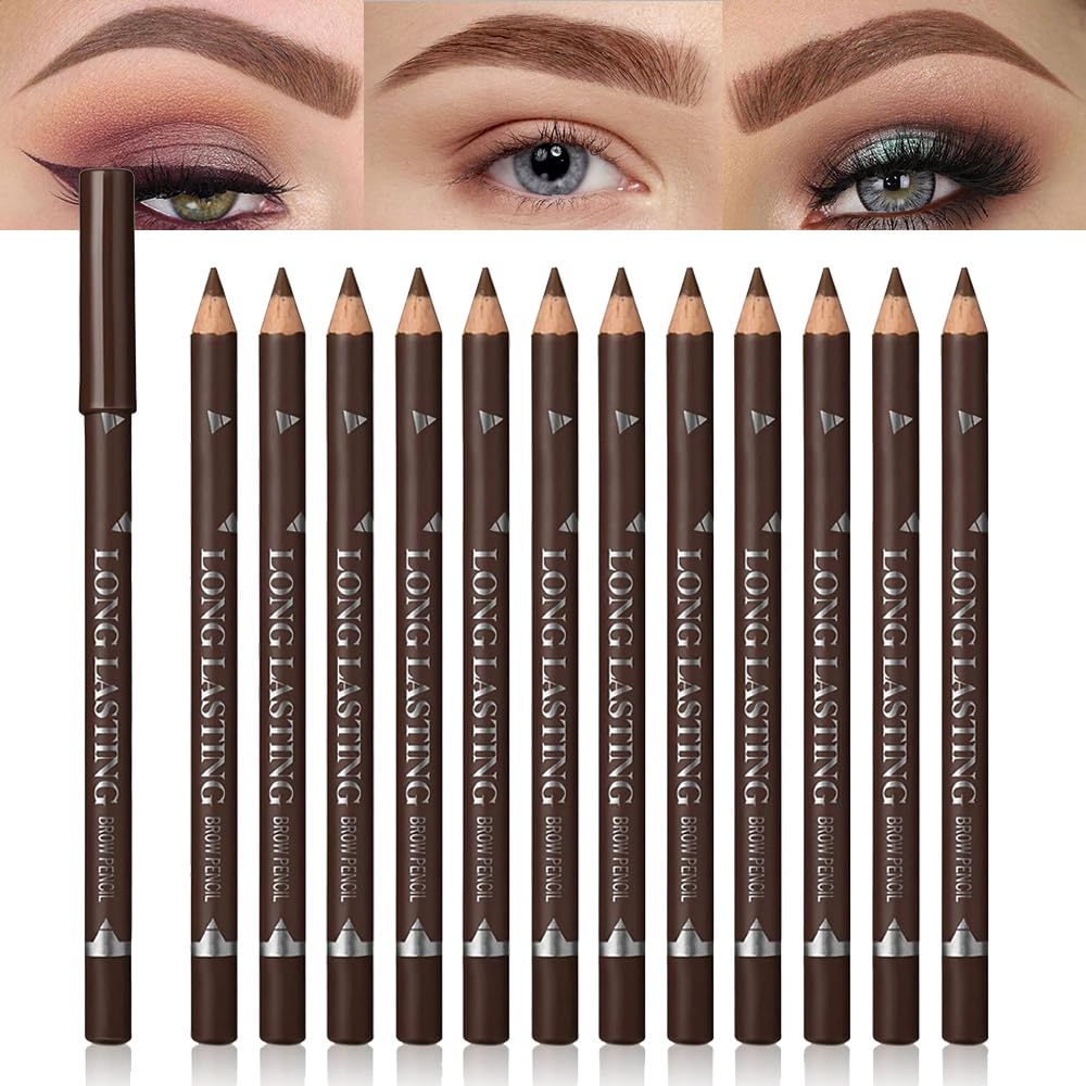 12Pcs Eyebrow Pencils for Women, Wooden Hard-Core Brown Eyebrow and Eyeliner Pencil, Long Lasting Waterproof and Sweat-Proof, Beginner Makeup Brow Pencil, Create a Natural Eye Brow Makeup