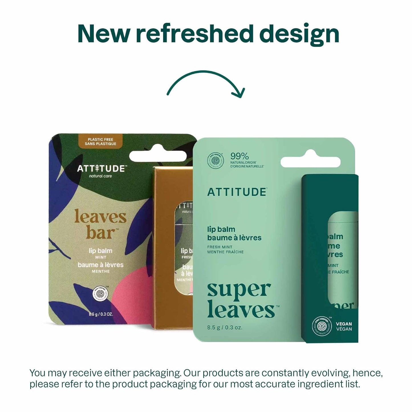 ATTITUDE Lip Balm, Natural Origin, Nourishes & Protects, Shea Butter, Coconut & Olive Oils, EWG Verified, For Dry Lips, Men and Women, Vegan, Fresh Mint, 0.3 Oz