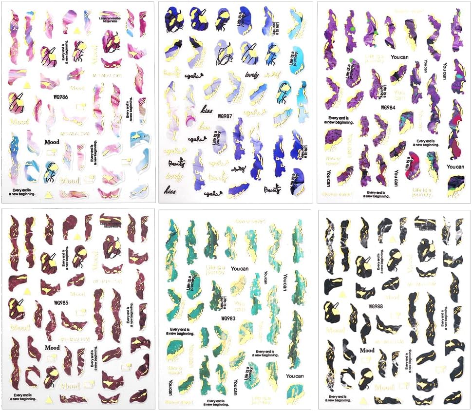 3D Marble Nail Stickers - 6 Color Marble Decals, Blooming Nail Art, Bronzing & Watercolor Smudge Resistant, Self-Adhesive Gold Foil Designs