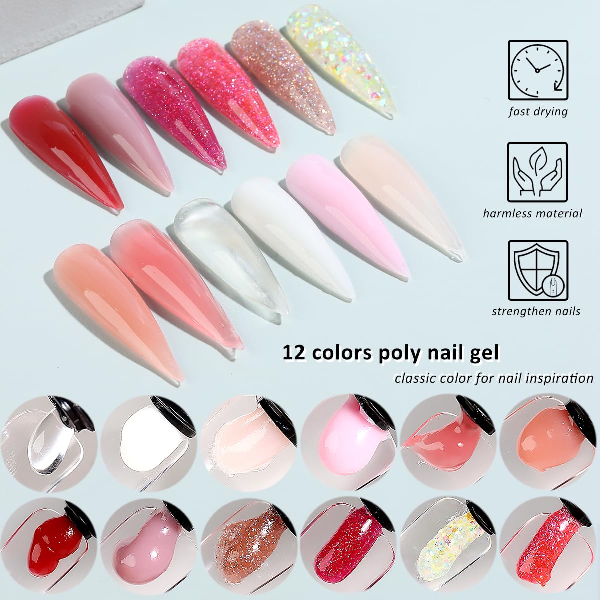 Poly Gel Nail Kit with UV Light, 12 Colors Builder Gel Nail Extension Kit for Beginners with Everything, Dual Nail Forms Slip Solution Chunky Glitter Poly Gel Nail Art Design Starter Kit
