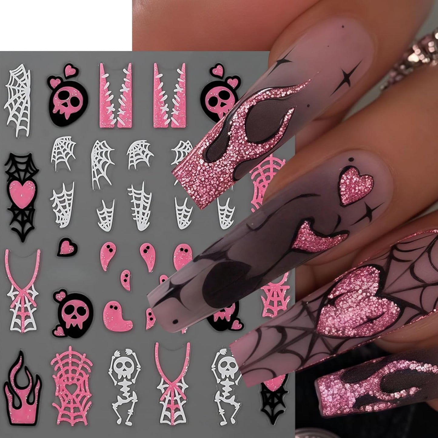 6Sheets Halloween Nail Stickers for Nail Art,3D Self-Adhesive Cute Ghost Spider Web Nail Decals Spooky Nail Art Stickers Heart Bats Spider Nails Design Manicure DIY Cute Holiday Nail Decoration Charms