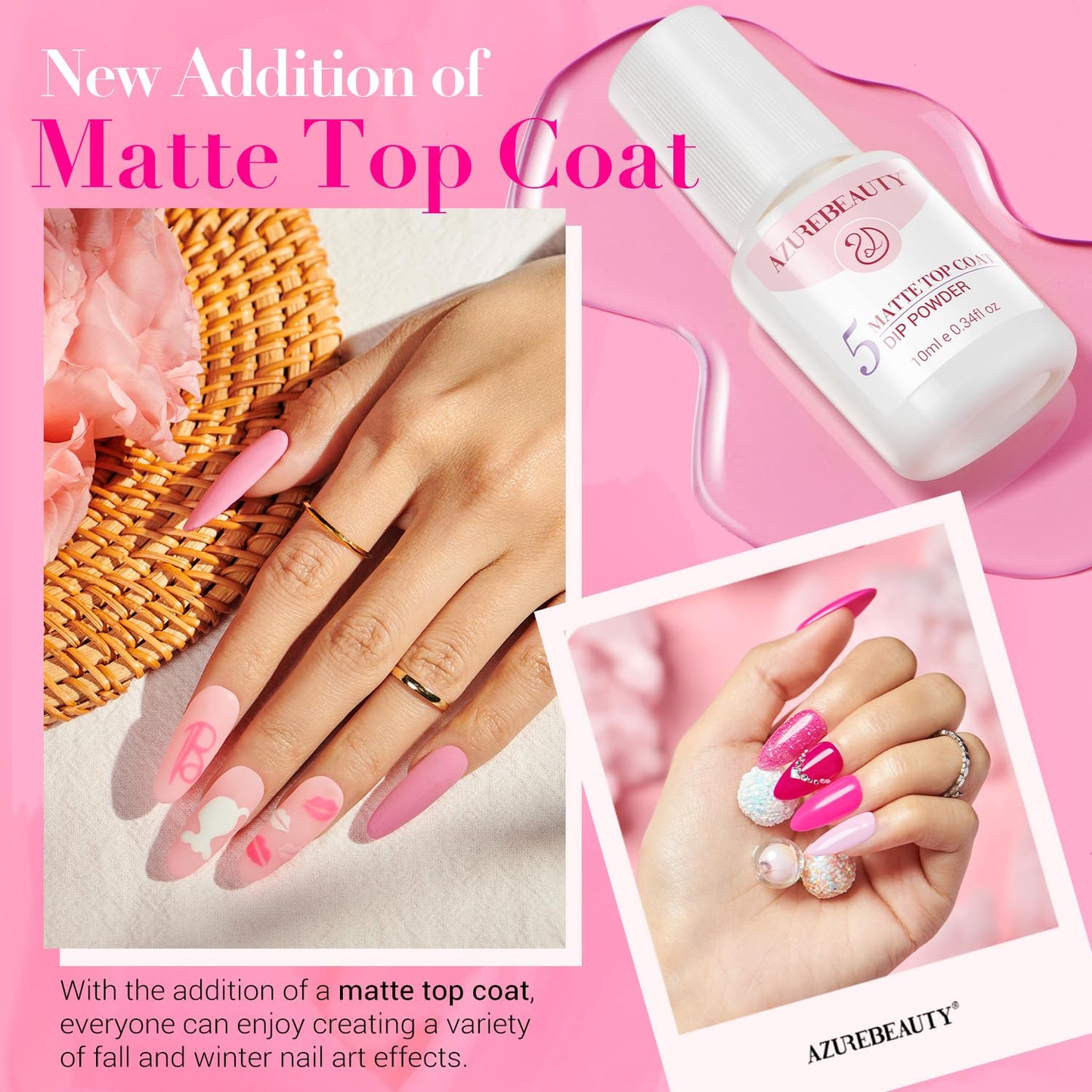 AZUREBEAUTY Dip Powder Nail Starter Kit with Matte Coat, 8 Hot Pink Glitter Neon Summer Color, Dipping Powder Liquid Set with Base/Top Coat/ Activator/10 Nail Sticks Salon at Home