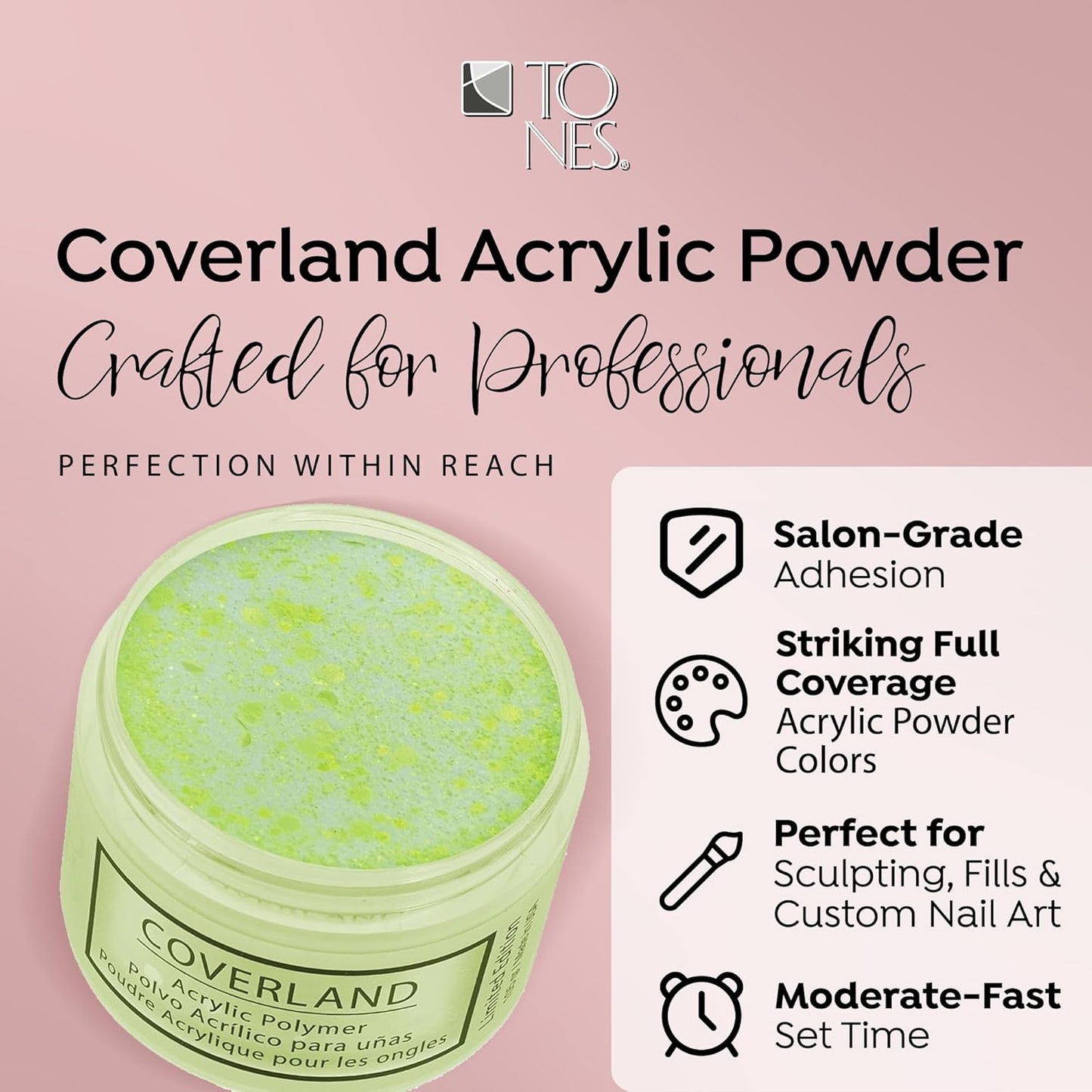 Tones Coverland Acrylic Powder | Electric Yellow | 1.5 Oz | Limited Edition for Nail Design | Sculpting | Masking Bed Imperfections | Professional Supplies
