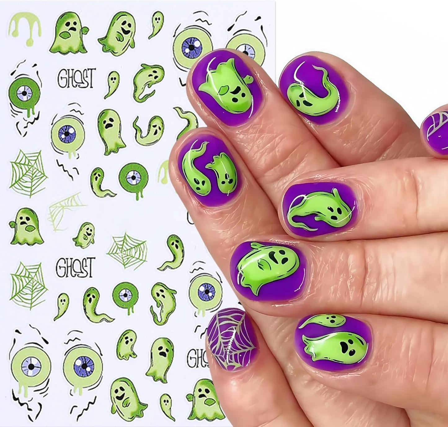 8Sheets Halloween Nail Stickers for Nail Art,3D Self-Adhesive Cute Ghost Spider Nail Decals Pink Red Horror Pumpkin Heart Spider Web Nail Design Nails Supplies for Women Manicure Holiday Decorations