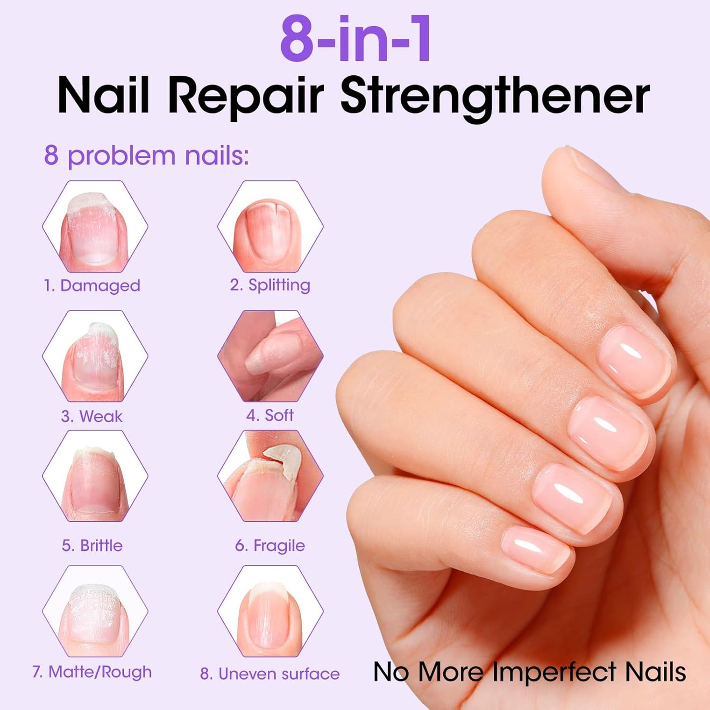 Gellen Nail Strengthener, 8-In-1 Nail Repair Growth Protein Treatment for Thin Weak Brittle Damaged Imperfect Nails, Air Dry Calcium Keratin Nourish Ridge Filler Nail Care, Lavender Scent