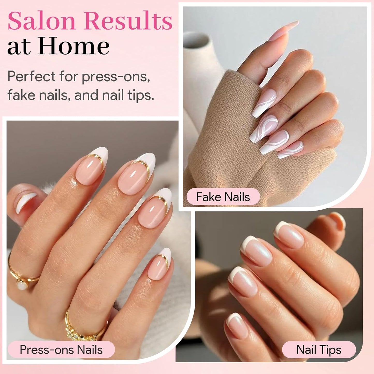 No-Lamp Nail Glue & Remover Set for Press Ons, 10ml Quick Dry 28 Days Super Strong Hold Glue on Nails, 10g Gentle Easy Removal with Tools Set for Beginner DIY Home, Not for Gel Polish Base Coat