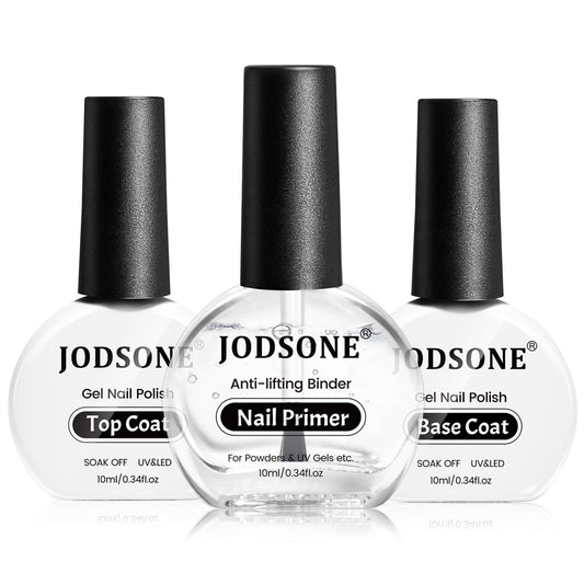 JODSONE 3Pcs 10ml Top Coat Base Coat Nail Primer Set No Wipe Gel for Long Lasting Manicures Nail Primer Enhances Adhesion Requires U V Lamp Curing