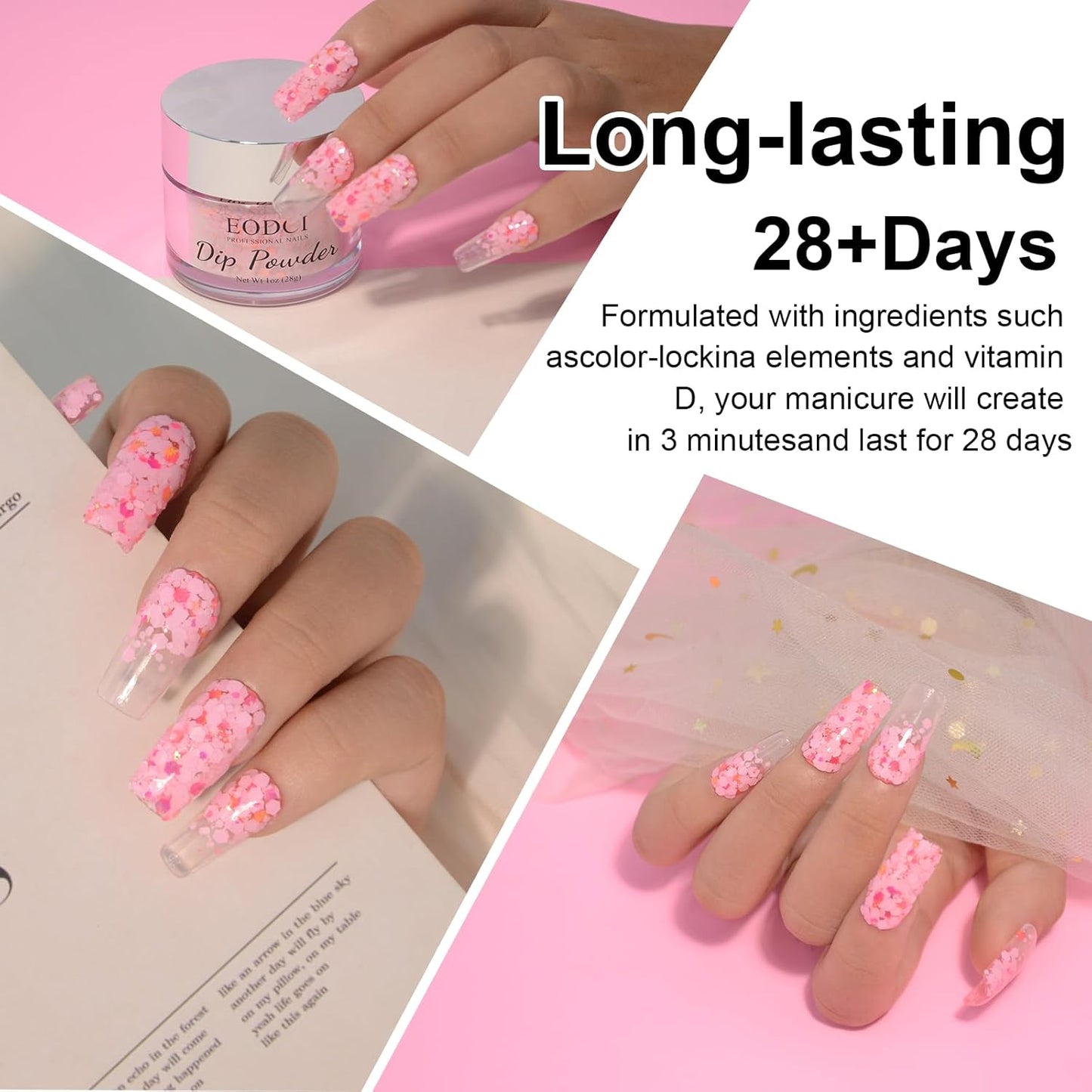 Dip Powder Glitter Pink Color, 1 Oz/28g Dipping Powder French Nail Art Starter Manicure Salon DIY at Home Glitter Odor-Free and Long-Lasting, No Need Nail Lamp Curing