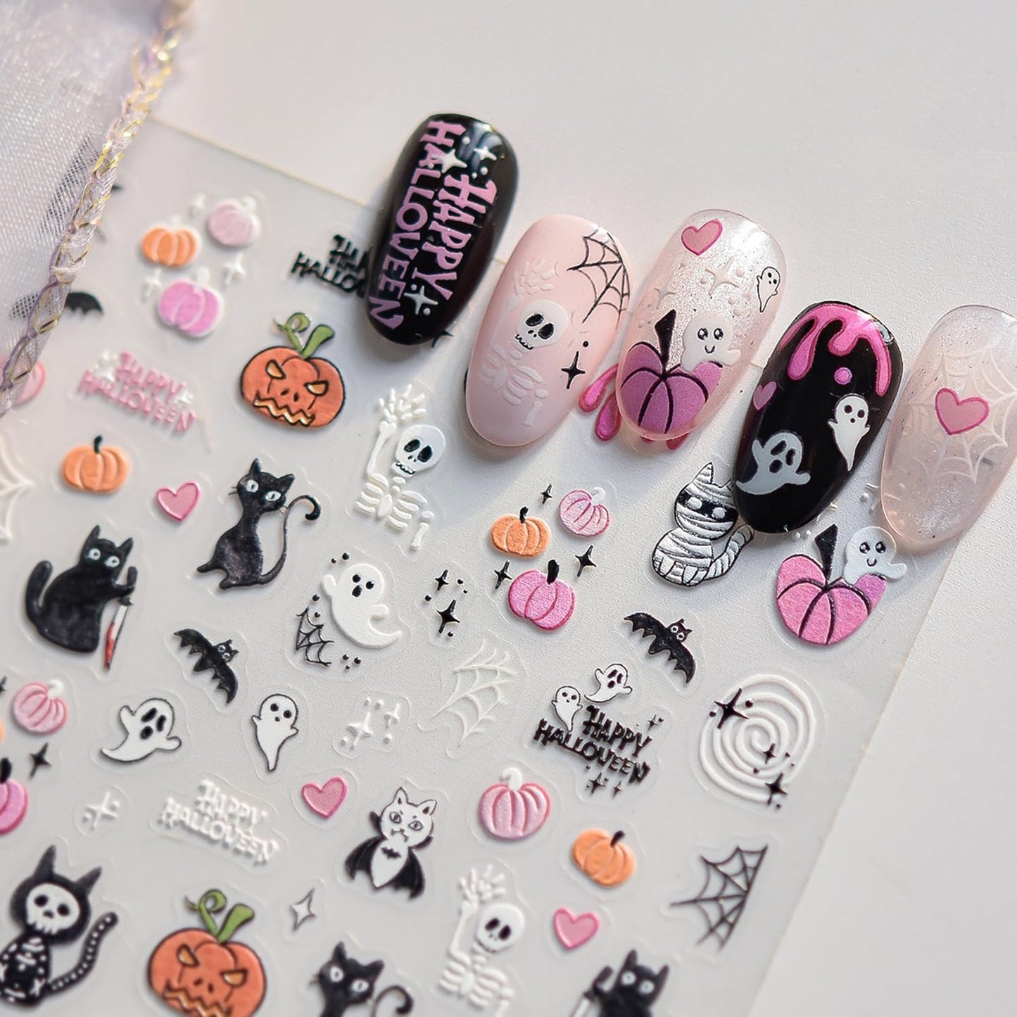 5D Embossed Halloween Nail Stickers Cute Cat Ghost Nail Art Stickers for Nail Designs Self Adhesive Halloween Pumpkin Mummy Nail Decals for Women Nails Supplies Decoration Accessores
