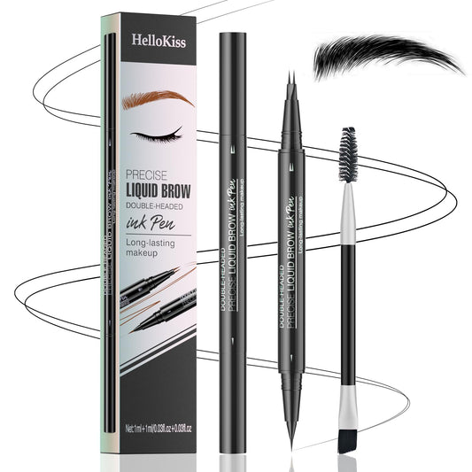 Eyebrow Pencil, Eyebrow Pen with Double-Brush Tip 2-in-1 Eyeliner Dual-Ended Microblading Long Lasting Waterproof Hair-Like Brow Pencil with Eyebrow Brush (Black)