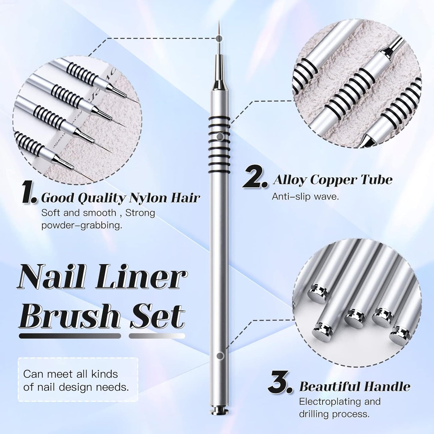 Nail Art Liner Brushes Set, 6Pcs Nail Art Design Brush Striping Thin Long Lines Dotting Drawing Pen, UV Gel Polish Painting Metal Handle Striper Brushes Size 5/7/9/11/20/25mm