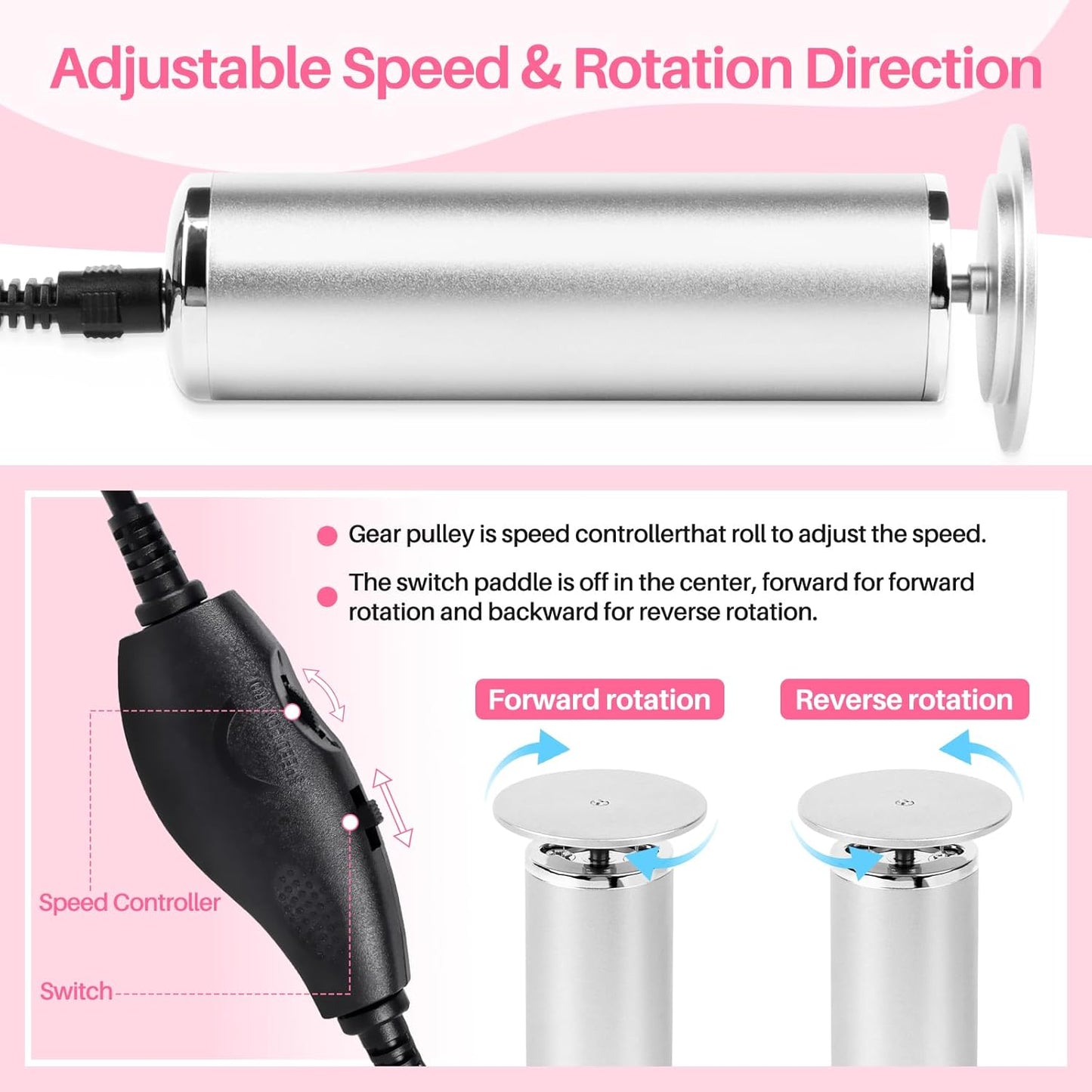 Foot File Callus Remover for Feet: Profesional Pedicure Tool for Summer - Adjustable Speed Electric Foot File Grinder for Skin and Calluses - with 60 Pcs Replacement Sandpaper Disk for Home SPA Salon