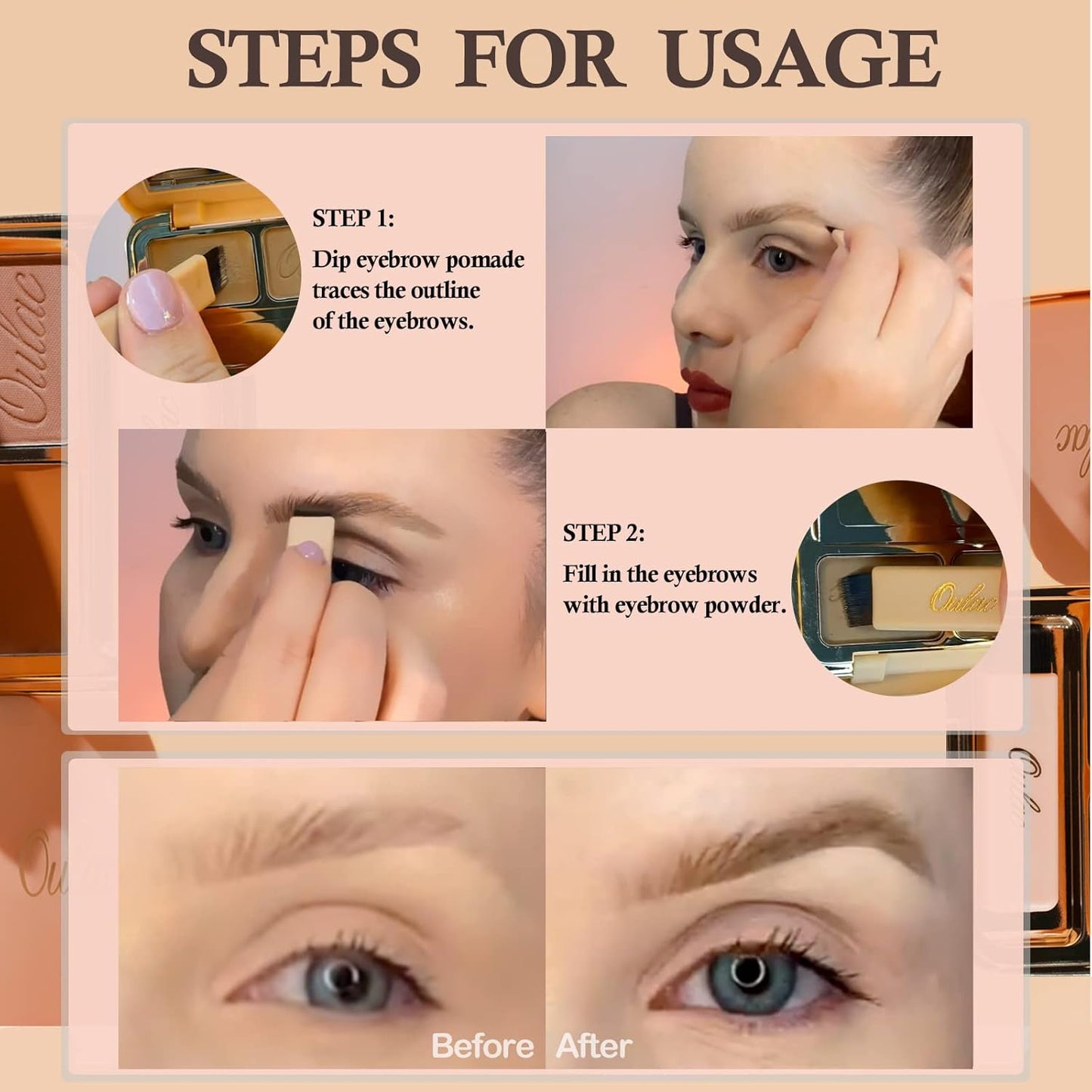 Oulac Waterproof Eyebrow Powder Kit with Brow Brush 2 in1 Long Lasting Instant Eyebrow Pomade & Powder Natural Makeup for Sparse Brows 3.2 g/0.11 oz, (Taupe）