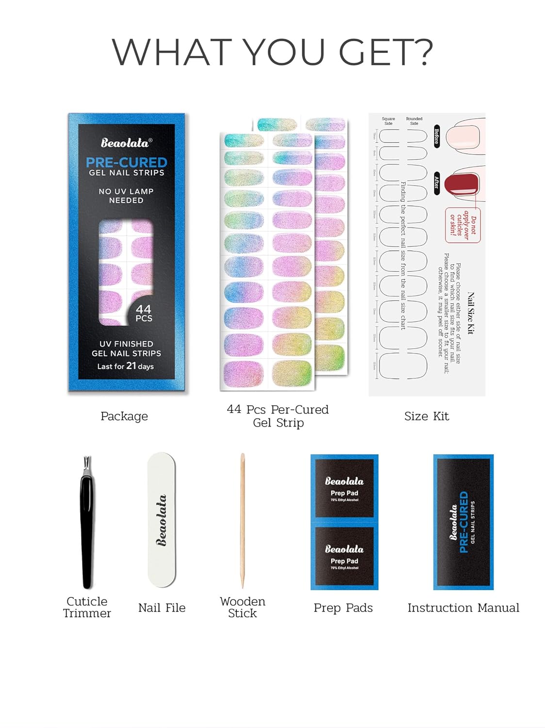 Pre Cured Gel Nail Strips - 44PCS Salon Quality Gel Nail Stickers - Long Lasting Polish Wraps for Women no UV Light Needed Easy Apply& Remove (Unicorn Magic Green)