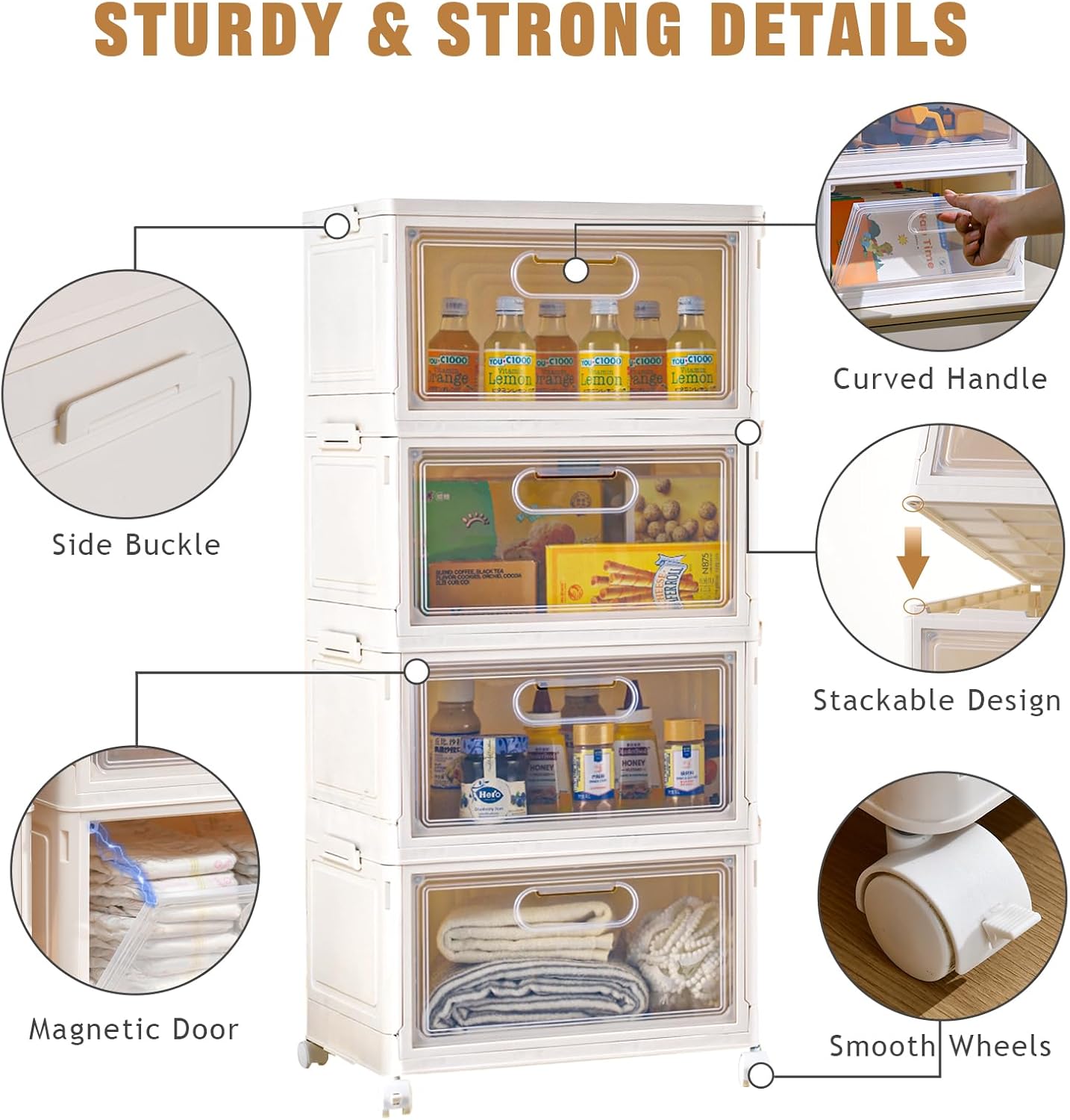 4-Tier Stackable Storage Bins with Lid, 23QT Storage Containers,Clear Foldable Plastic Drawer Storage on Wheels,Closet Organizers and Storage for Living Room,Bedroom,Office,Dorm