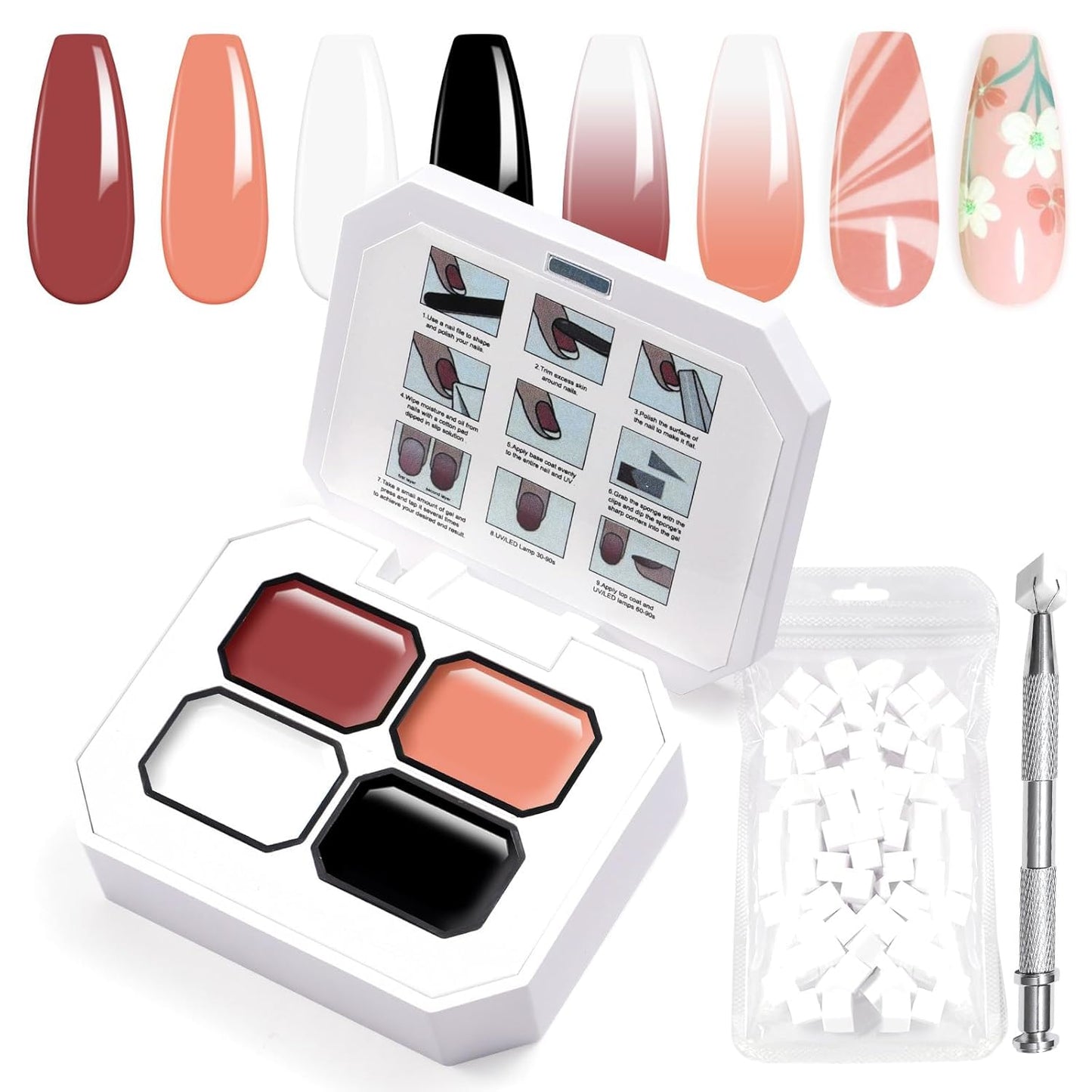 Gradient Painting Gel, 4 Colors Ombre Gel Nail Polish Include White Nude Almond Black Sponging for Pigment Pat Nails French Manicure Soak Off UV DIY Nail Art Essentia Set