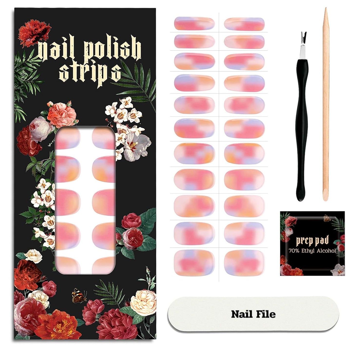 Nail Polish Strips - 22 Pcs Salon Quality Gel Nail Stickers - Long Lasting Wraps (Strawberry Cocktail Pink&Orange)