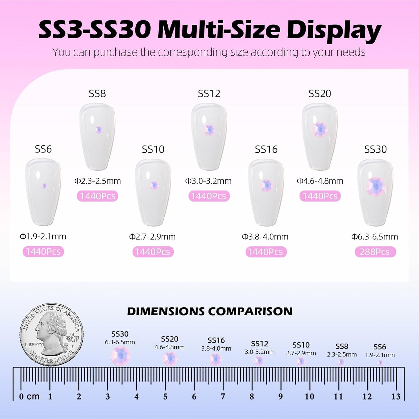 F Pink Flatback Rhinestones, Glass Rhinestones for Nail Art and Craft, Glue Fix, Loose Crystal Gemstones(F Pink, SS12, 1440pcs, 2.9-3.0mm)