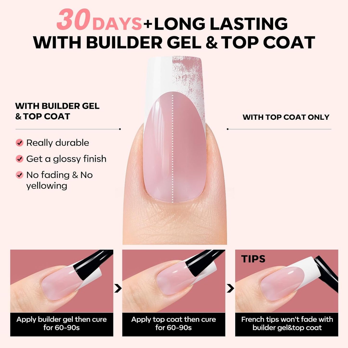 Gel Nail Kit, Top Coat, Nail Builder Gel and Nail Glue for Nail Tips, Press On Nails Kit with LED Light, 150 PCS Long Pink Square, 15 Sizes French Tip Press on Nails