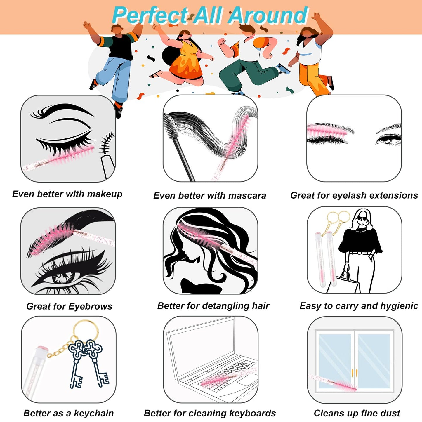 Upgrade 48 Pieces Disposable Mascara Wands Set, Include 24 Pcs Crystal Lash Spoolies Brush and 24 Pcs Reusable Keychain Christmas Holiday Gift Women Girls Makeup Tools