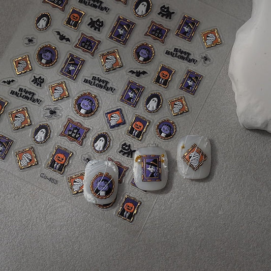 Halloween Nails Stickers Ghost with Frame Nails Sticker 3D Embossed Purple Mummy Self Adhesive Sticker Nail Decals Black Bat Nail Art Decal Halloween Decals for Nail DIY Manicure 1Sheet