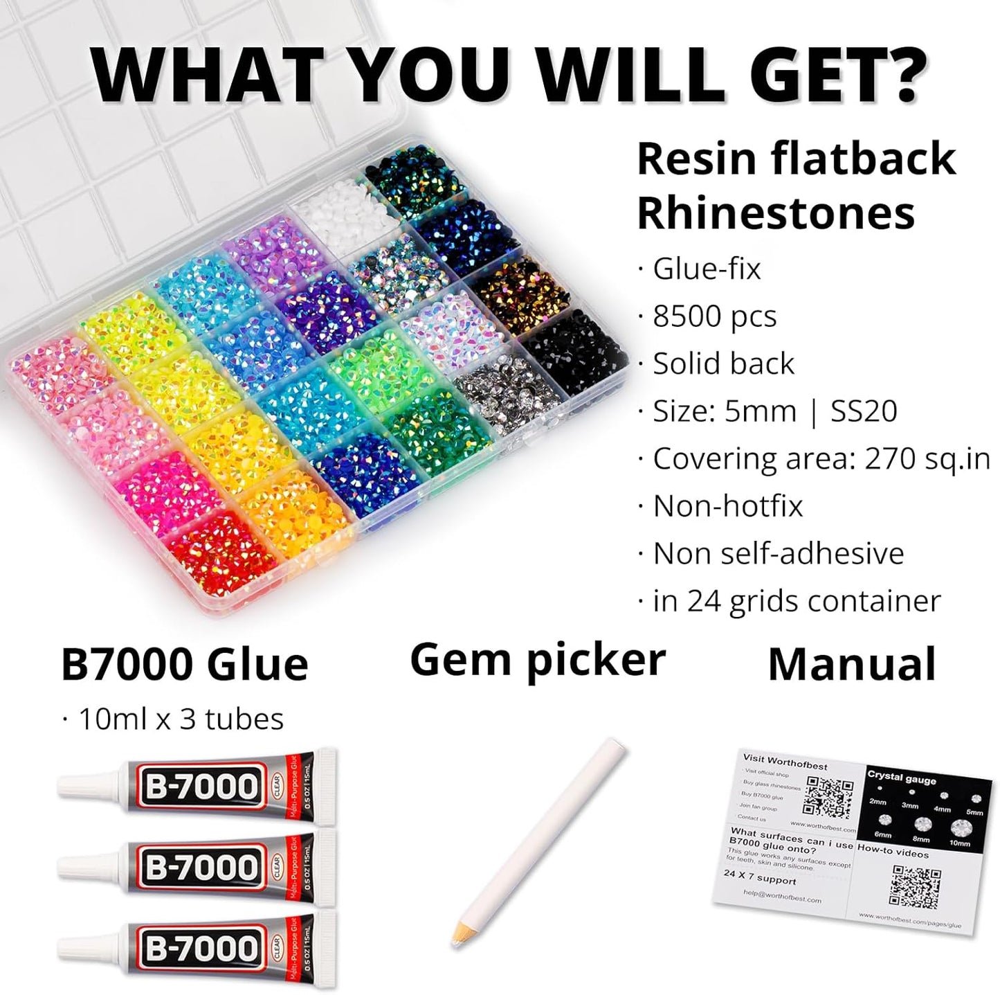 8500Pcs Resin Jelly Rhinestones for Crafting Bedazzling, Multi Color 5mm Flatback Gems for Clothing Crafts Tumblers Shoes Cups Decoration, Flat Back Colorful Bedazzle ab Jewels with b7000 Jewelry Glue