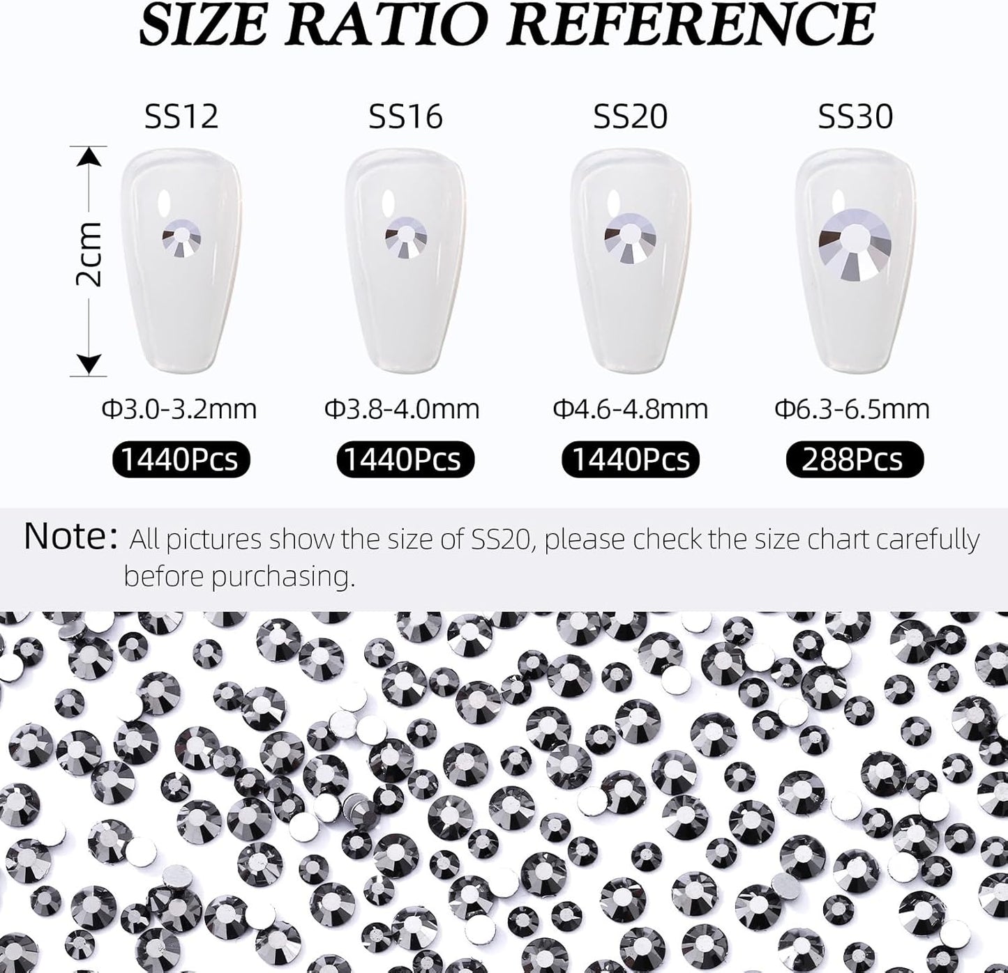 Black Hematite Flatback Rhinestones, Glass Rhinestones for Nail Art and Craft, Glue Fix, Loose Crystal Gemstones(Black Hematite, SS12, 1440pcs, 2.9-3.0mm)